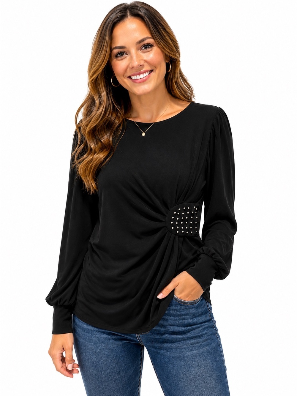 Picadilly Fashion Black Long Sleeve Knot Top with Studded Accent